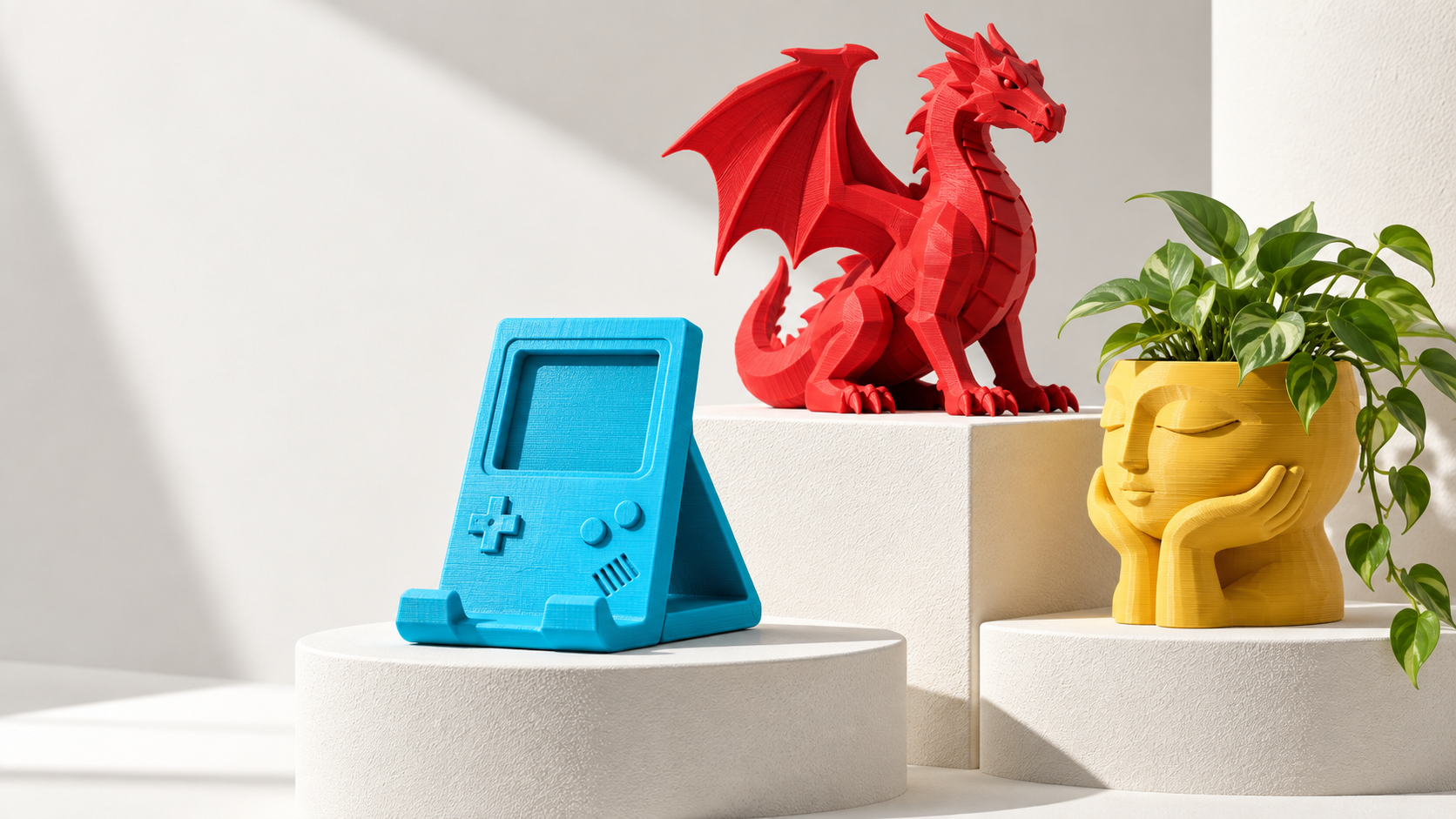 Productos Super3D impresos en 3D: consola, dragón y maceta